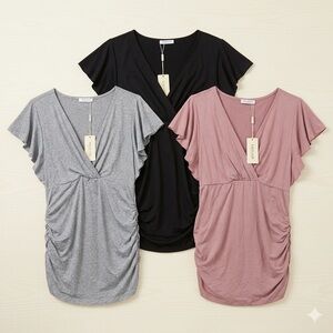 NWT Ekouaer Flutter Sleeve Maternity & Nursing Tops-Set of 3 (Black/Grey/Pink) M